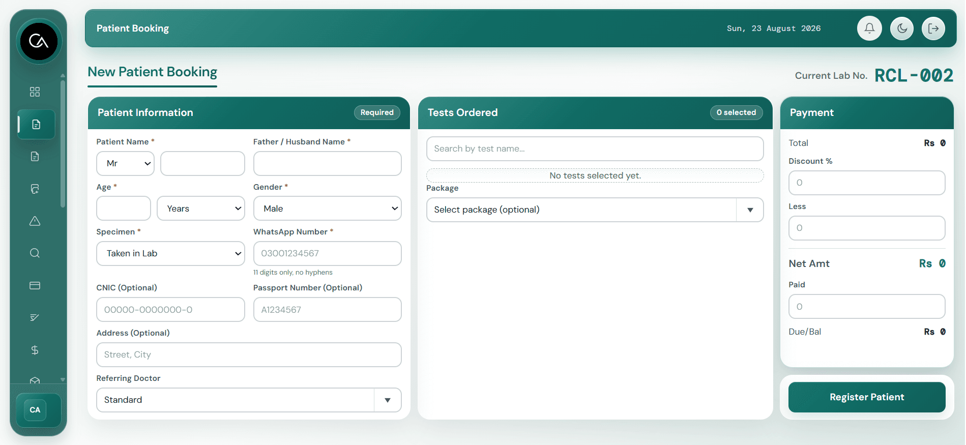 Clade LIMS patient booking screen