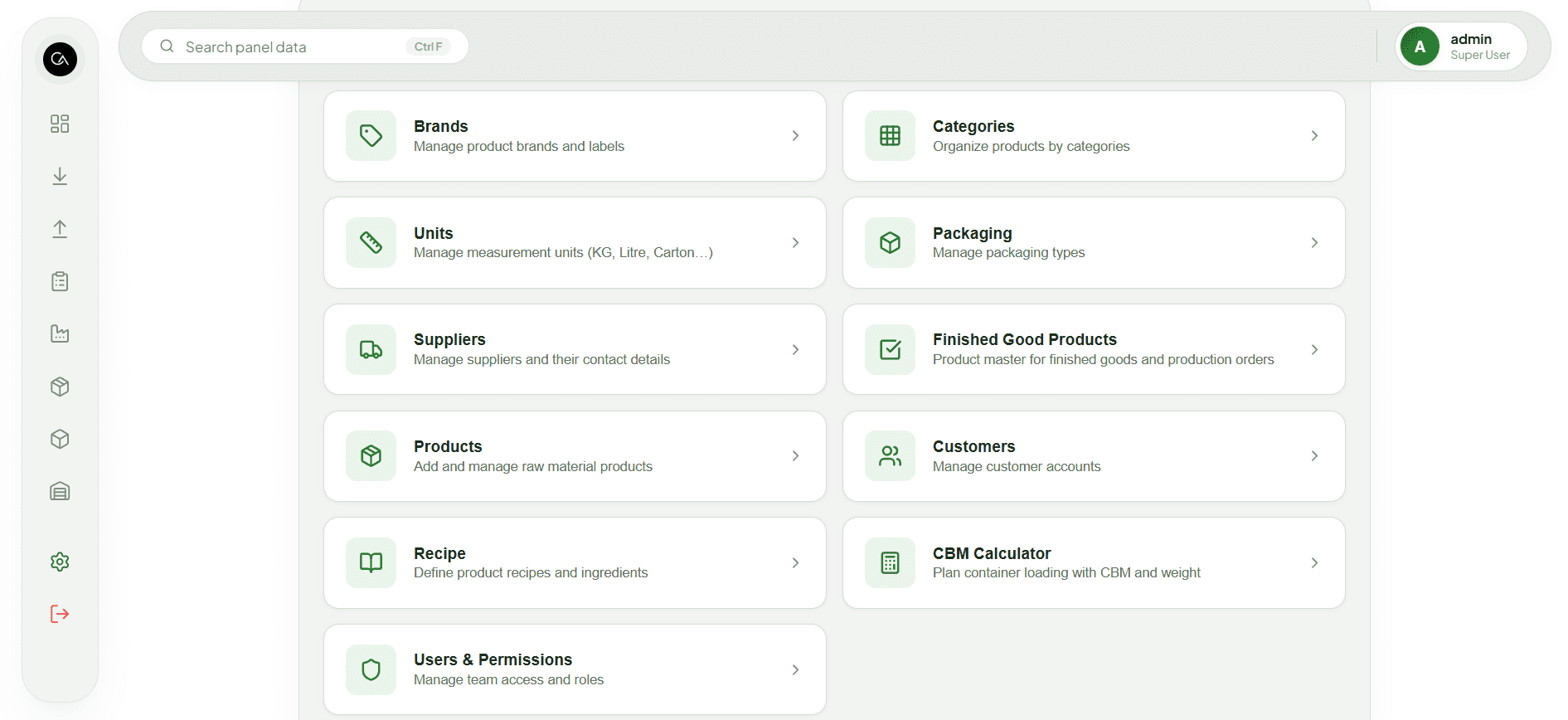 Operations application settings and product management screen